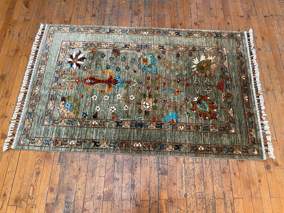 Green Floral 3x5ft Oushak Rug - Natural Dye Turkish Carpet Cappadocia Rug Collection