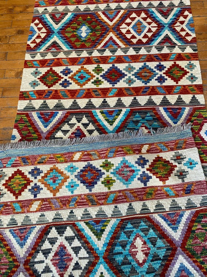 Kilim étnico hecho a mano de 3 x 10 pies para pasillo