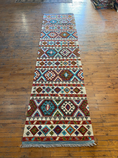 Kilim étnico hecho a mano de 3 x 10 pies para pasillo