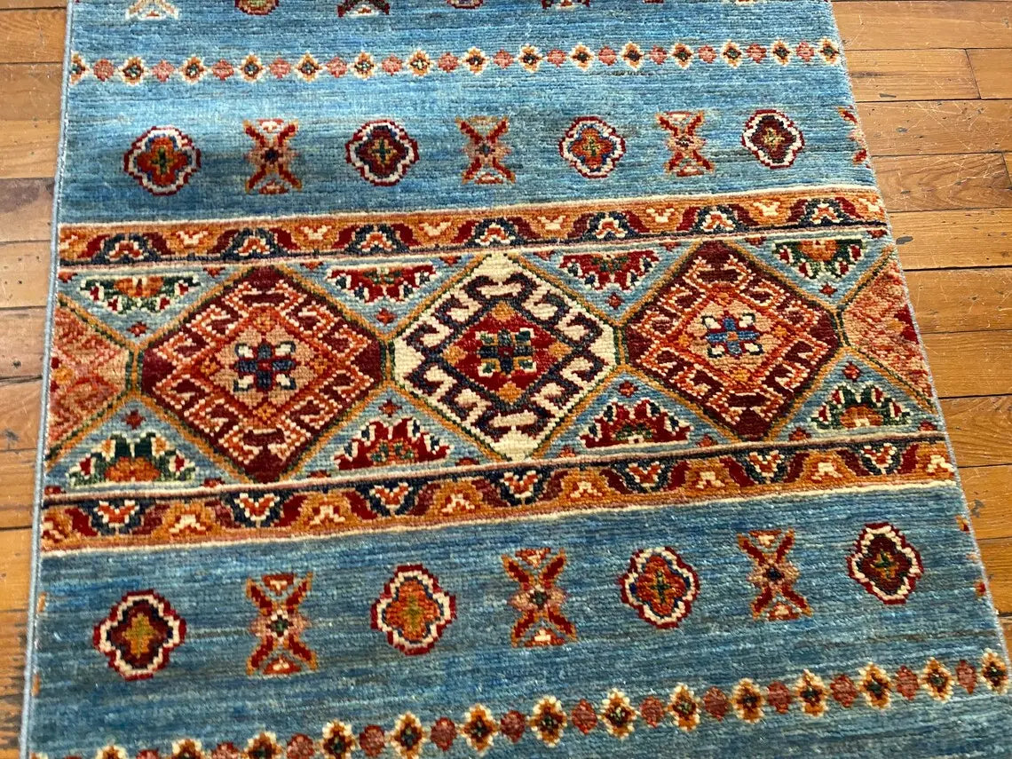 Turquoise 2x8ft Turkish Runner Rug - Natural Dye Hallway Carpet Cappadocia Rug Collection