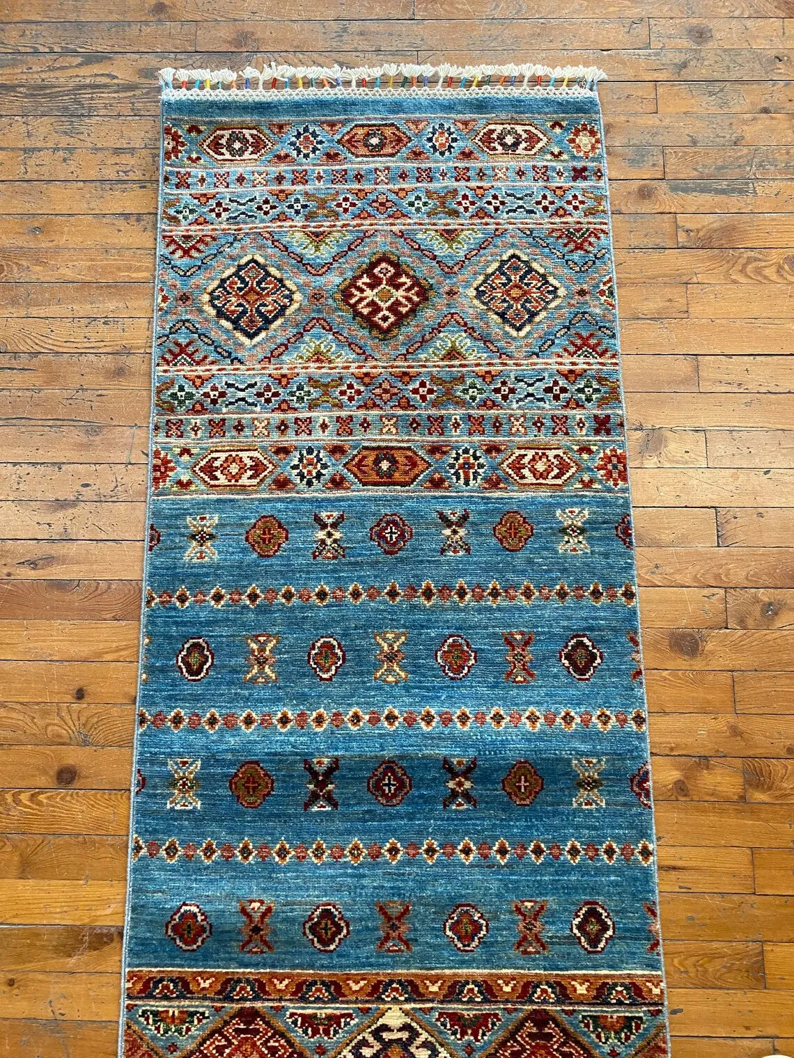 Turquoise 2x8ft Turkish Runner Rug - Natural Dye Hallway Carpet Cappadocia Rug Collection