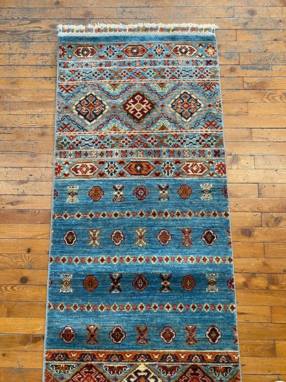 Turquoise 2x8ft Turkish Runner Rug - Natural Dye Hallway Carpet Cappadocia Rug Collection