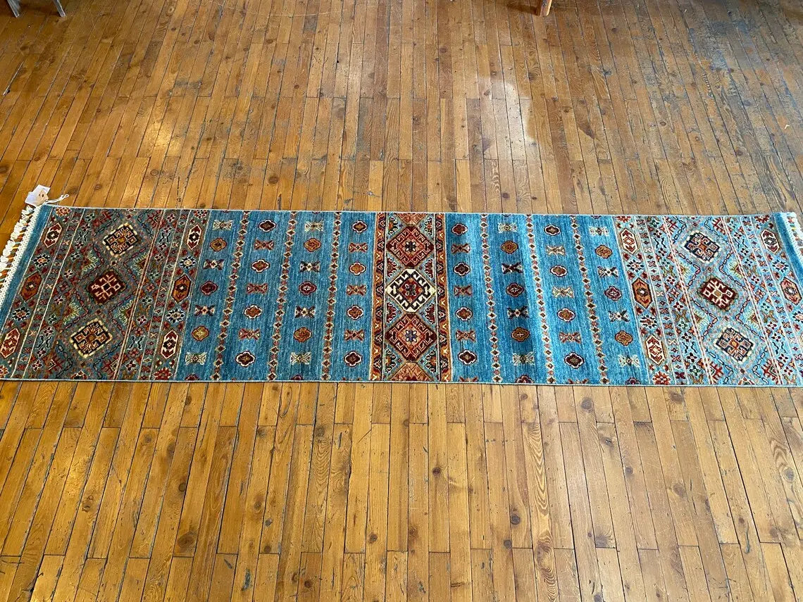 Turquoise 2x8ft Turkish Runner Rug - Natural Dye Hallway Carpet Cappadocia Rug Collection