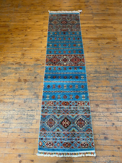 Turquoise 2x8ft Turkish Runner Rug - Natural Dye Hallway Carpet Cappadocia Rug Collection