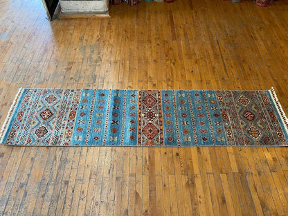 Turquoise 2x8ft Turkish Runner Rug - Natural Dye Hallway Carpet Cappadocia Rug Collection