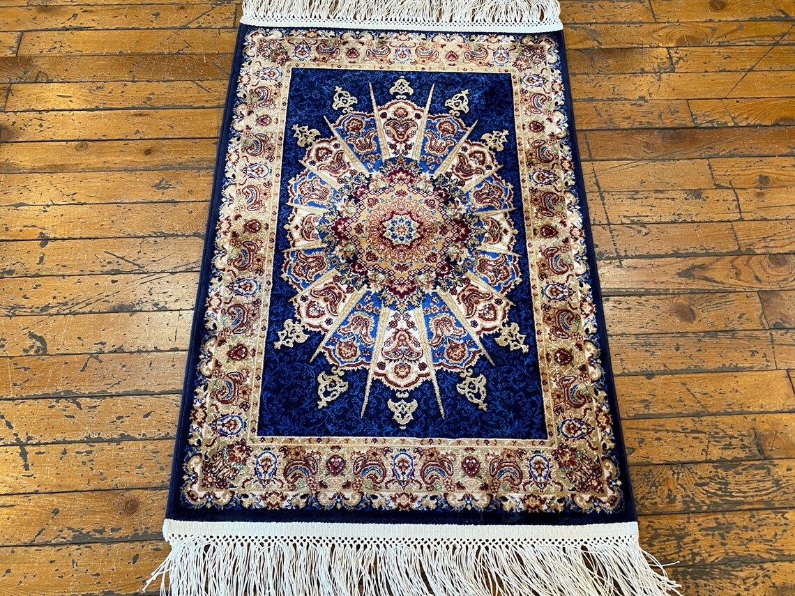 Small Blue Silk Carpet 1.8x2.5ft | Premium Turkish Rug Cappadocia Rug Collection