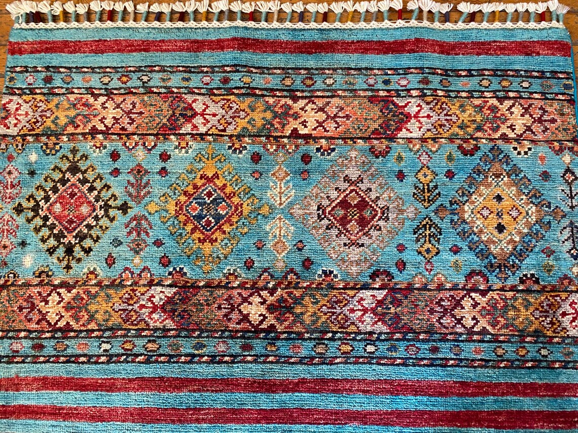 Turquoise Handmade Small Area Carpet 3x4ft | Premium Turkish Angora Wool Rug Cappadocia Rug Collection