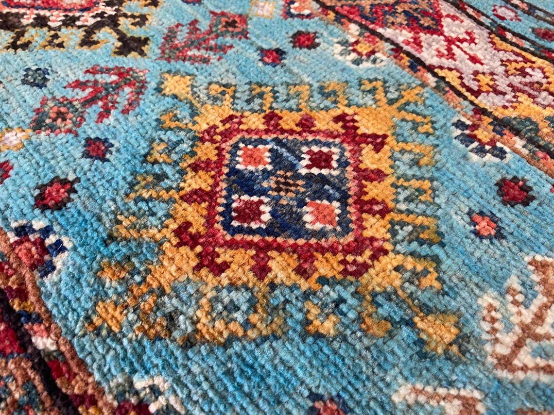 Turquoise Handmade Small Area Carpet 3x4ft | Premium Turkish Angora Wool Rug Cappadocia Rug Collection