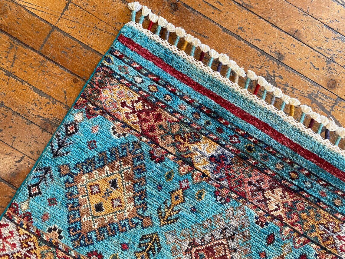 Turquoise Handmade Small Area Carpet 3x4ft | Premium Turkish Angora Wool Rug Cappadocia Rug Collection