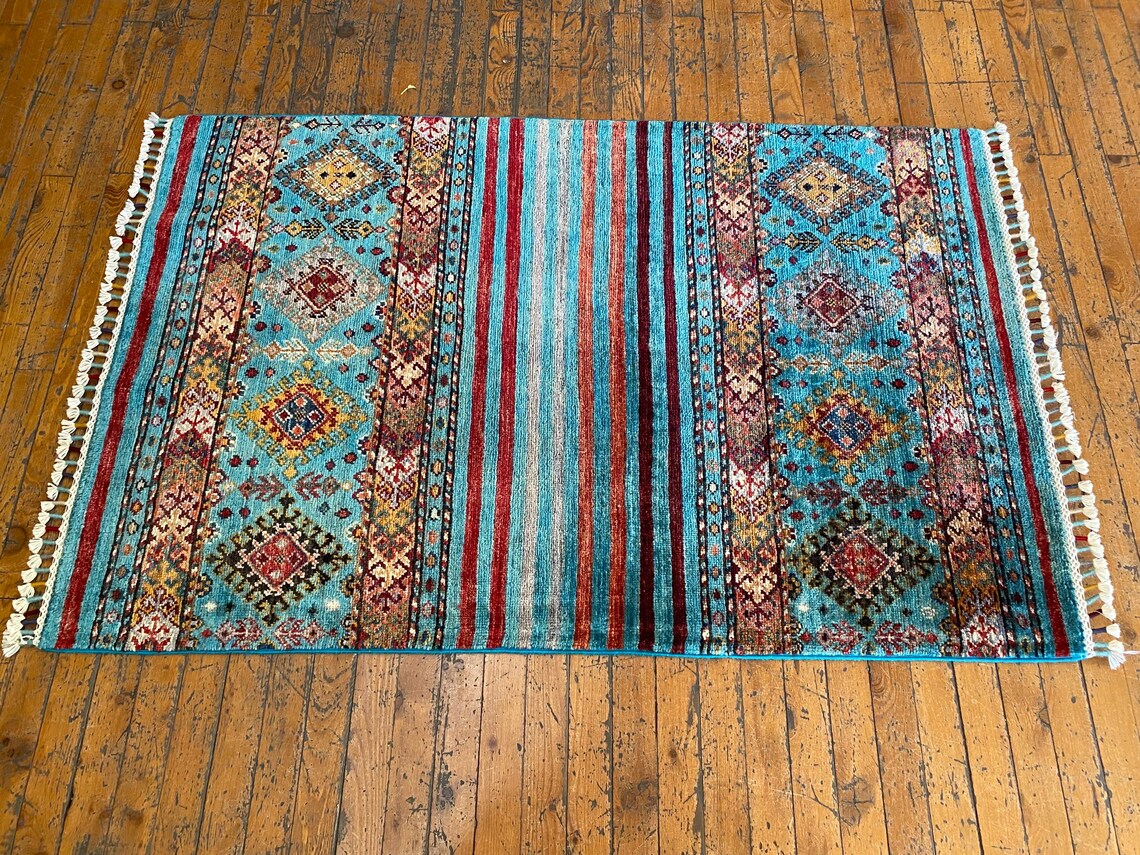 Turquoise Handmade Small Area Carpet 3x4ft | Premium Turkish Angora Wool Rug Cappadocia Rug Collection