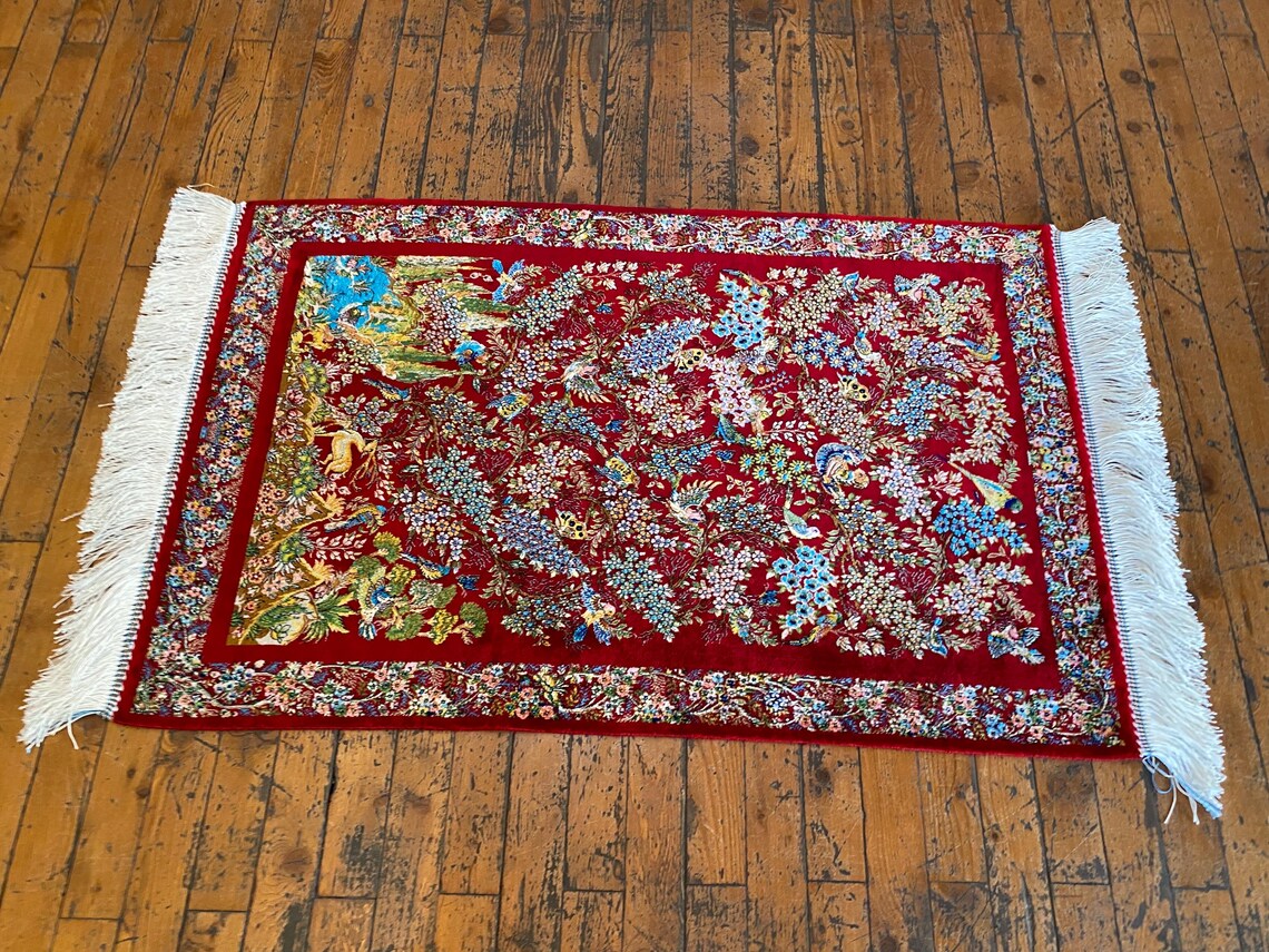 Red Tree of Life Silk Carpet 2x3ft Cappadocia Rug Collection