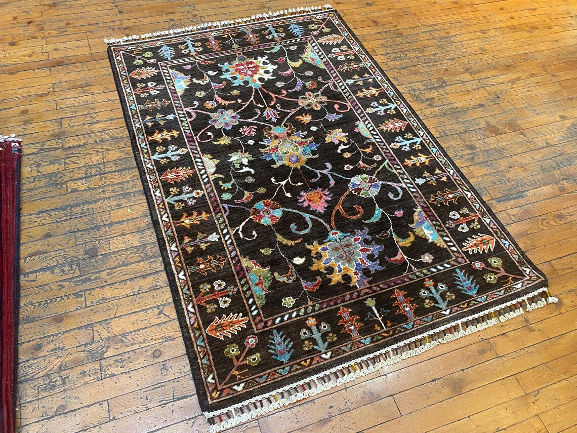 Black Floral Oushak Carpet 3x5ft | Handmade Wool Area Rug Natural Dye Cappadocia Rug Collection