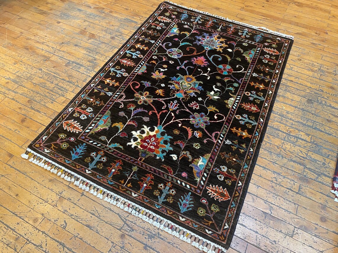 Black Floral Oushak Carpet 3x5ft | Handmade Wool Area Rug Natural Dye Cappadocia Rug Collection
