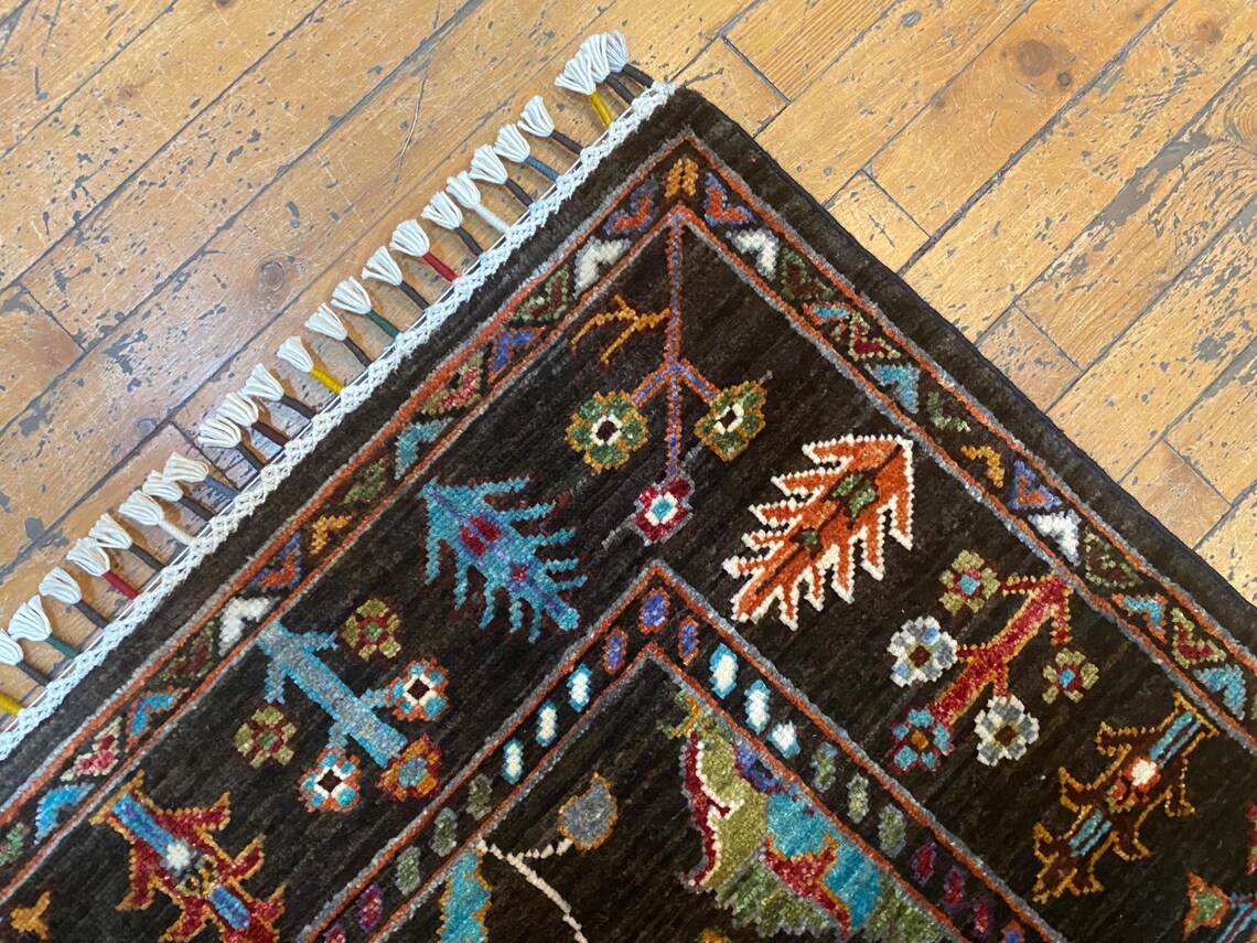 Black Floral Oushak Carpet 3x5ft | Handmade Wool Area Rug Natural Dye Cappadocia Rug Collection