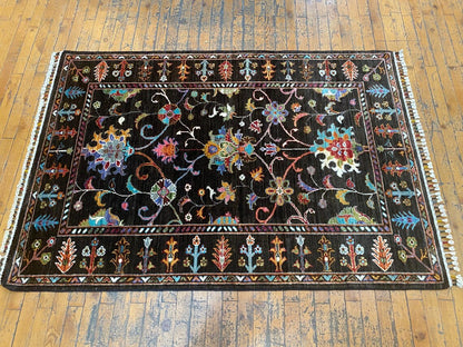 Black Floral Oushak Carpet 3x5ft | Handmade Wool Area Rug Natural Dye Cappadocia Rug Collection