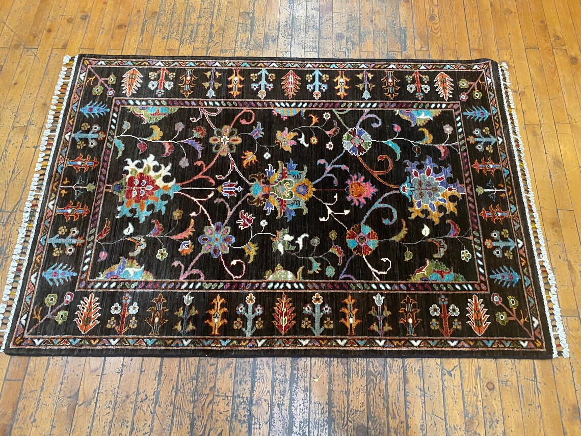 Black Floral Oushak Carpet 3x5ft | Handmade Wool Area Rug Natural Dye Cappadocia Rug Collection