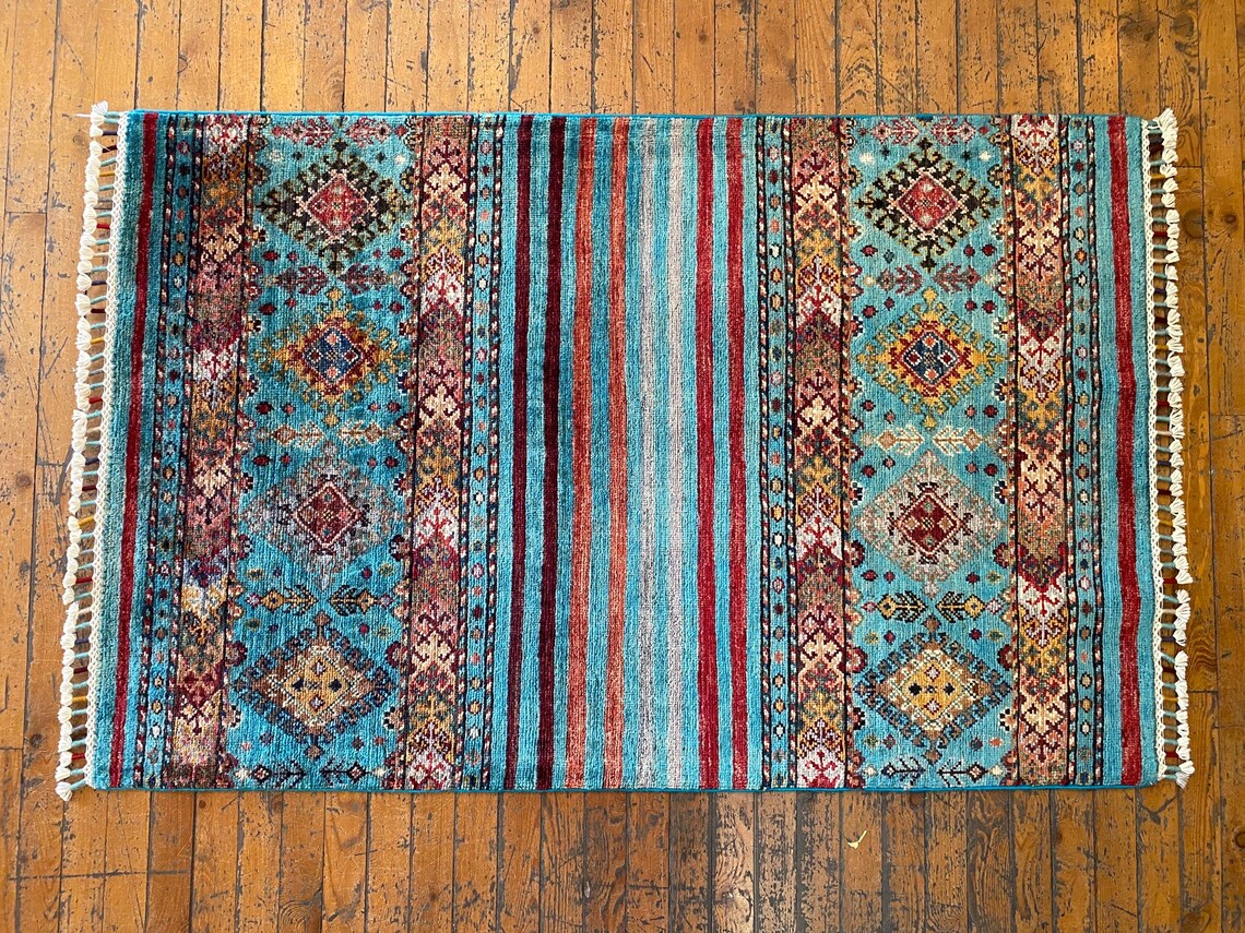 Turquoise Handmade Small Area Carpet 3x4ft | Premium Turkish Angora Wool Rug Cappadocia Rug Collection