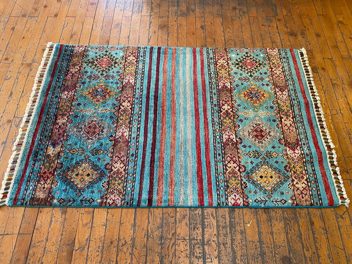 Turquoise Handmade Small Area Carpet 3x4ft | Premium Turkish Angora Wool Rug Cappadocia Rug Collection