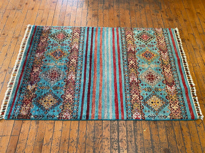 Turquoise Handmade Small Area Carpet 3x4ft | Premium Turkish Angora Wool Rug Cappadocia Rug Collection