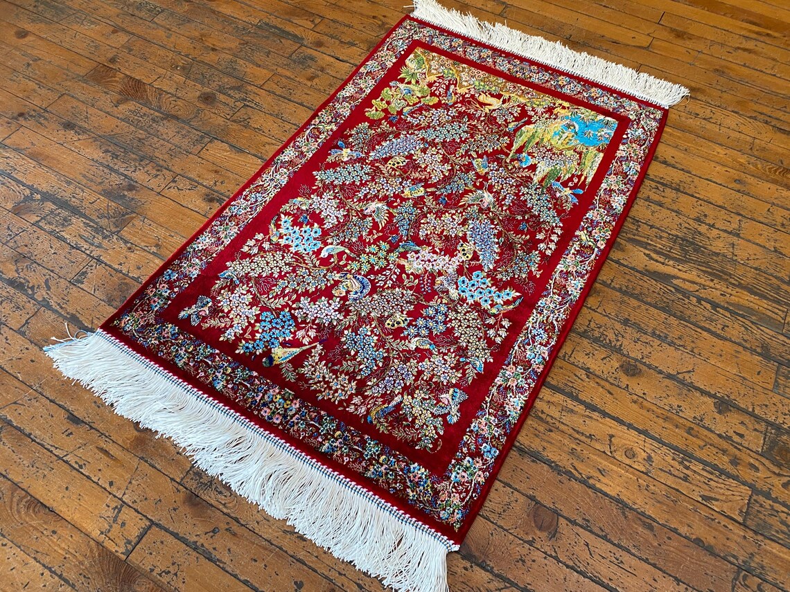 Red Tree of Life Silk Carpet 2x3ft Cappadocia Rug Collection