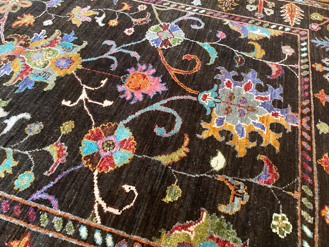 Black Floral Oushak Carpet 3x5ft | Handmade Wool Area Rug Natural Dye Cappadocia Rug Collection