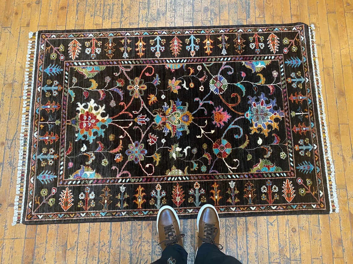 Black Floral Oushak Carpet 3x5ft | Handmade Wool Area Rug Natural Dye Cappadocia Rug Collection