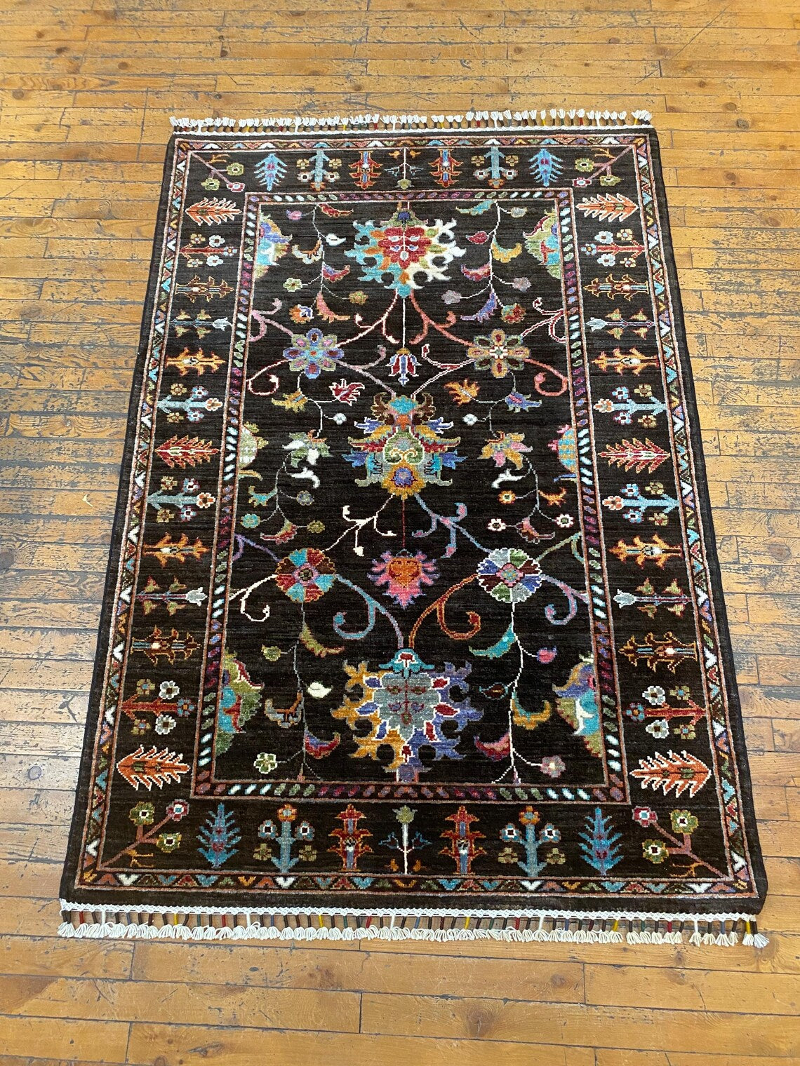 Black Floral Oushak Carpet 3x5ft | Handmade Wool Area Rug Natural Dye Cappadocia Rug Collection
