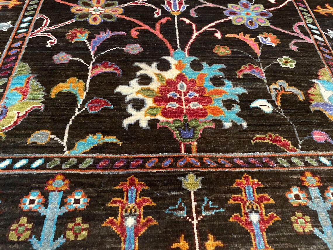 Black Floral Oushak Carpet 3x5ft | Handmade Wool Area Rug Natural Dye Cappadocia Rug Collection