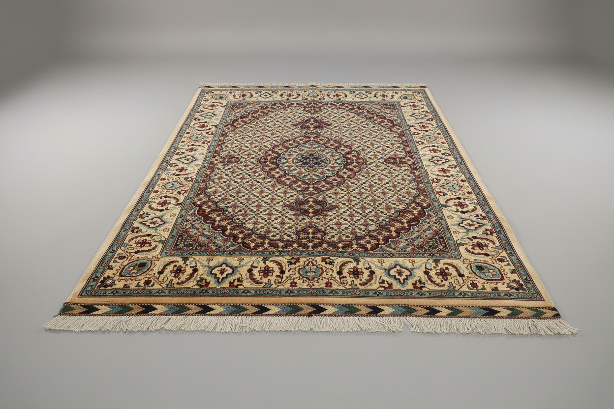 Decorative rug with intricate patterns on a plain background