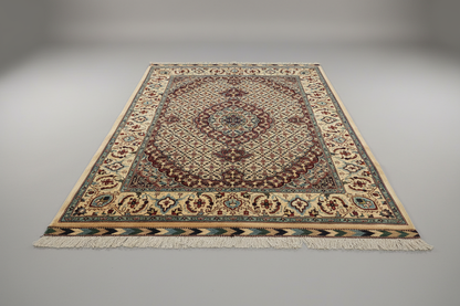 Decorative rug with intricate patterns on a plain background