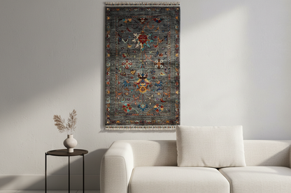 Indigo Gray Floral Rug Close-up on Wall