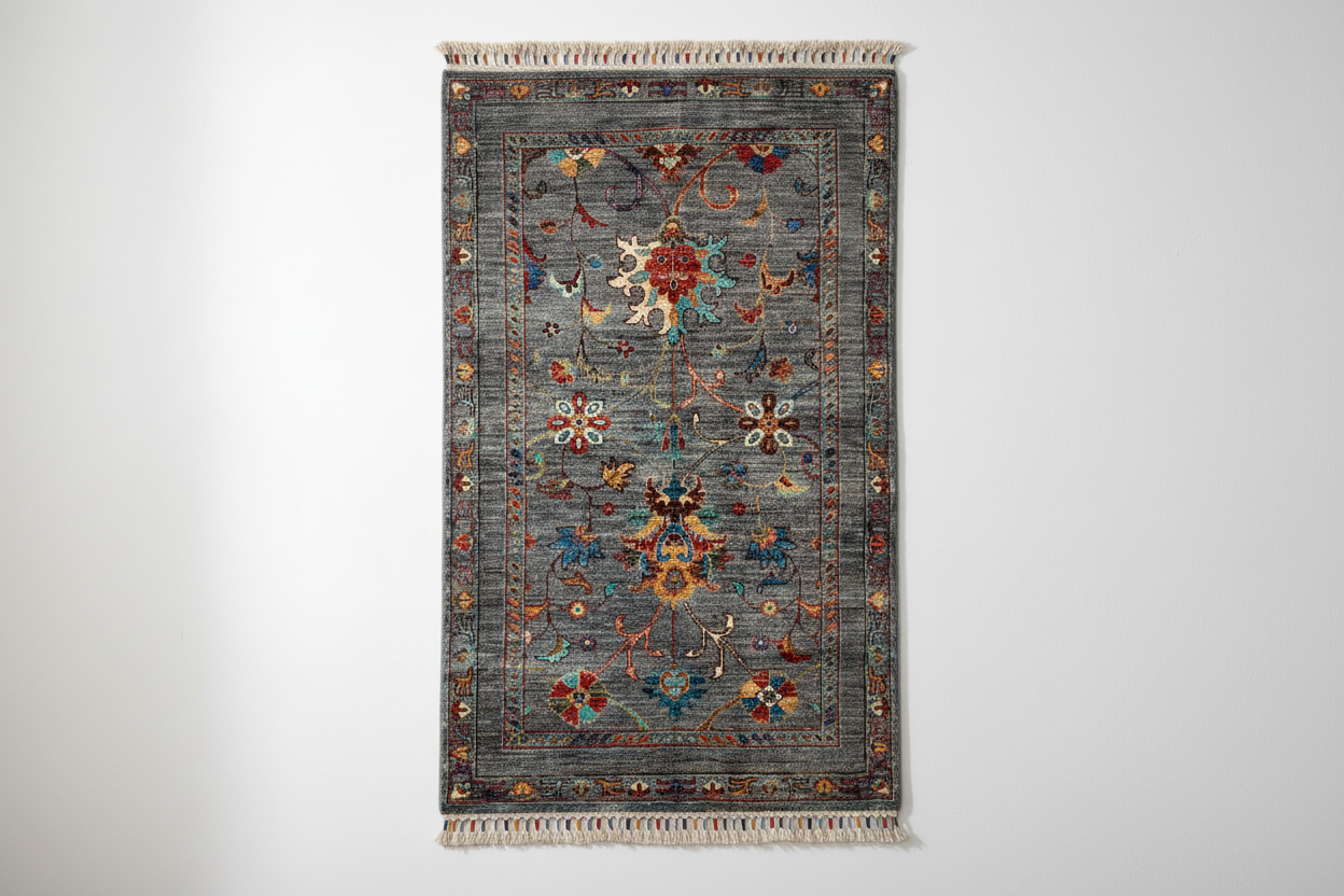 Indigo Gray Floral Rug on White Background