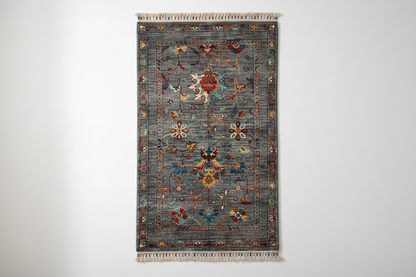 Indigo Gray Floral Rug on White Background