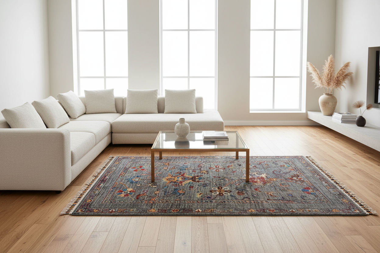 Indigo Gray Floral Rug - Realistic Size
