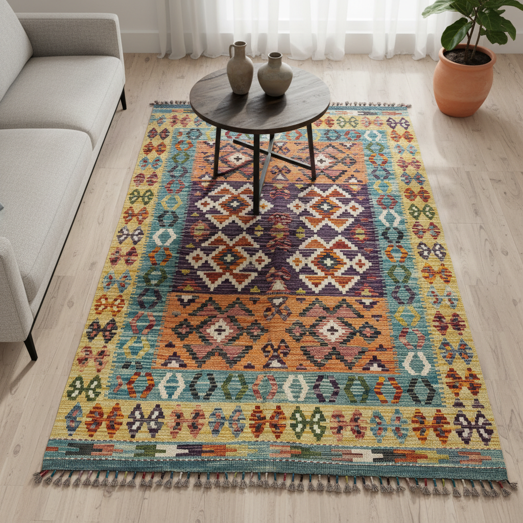 Kilim Rug in Living Room - Bird's Eye View