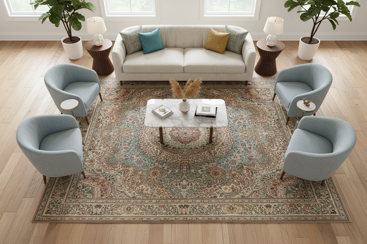 Medallion Rug – Living Room Bird's Eye View