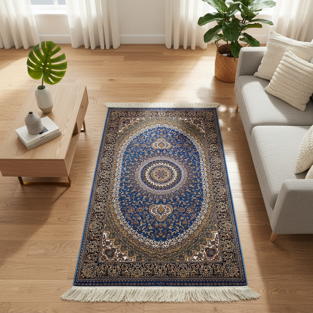 Medallion Traditional Turkish Silk Rug - Complete View with Decor