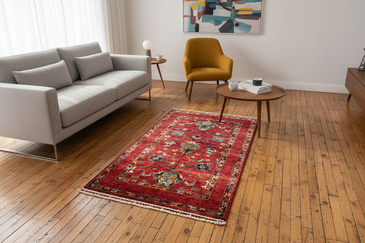 Red Floral Handmade Rug in living room - correct size