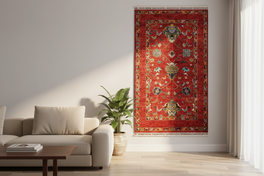 Red Floral Handmade Rug on wall - closer view