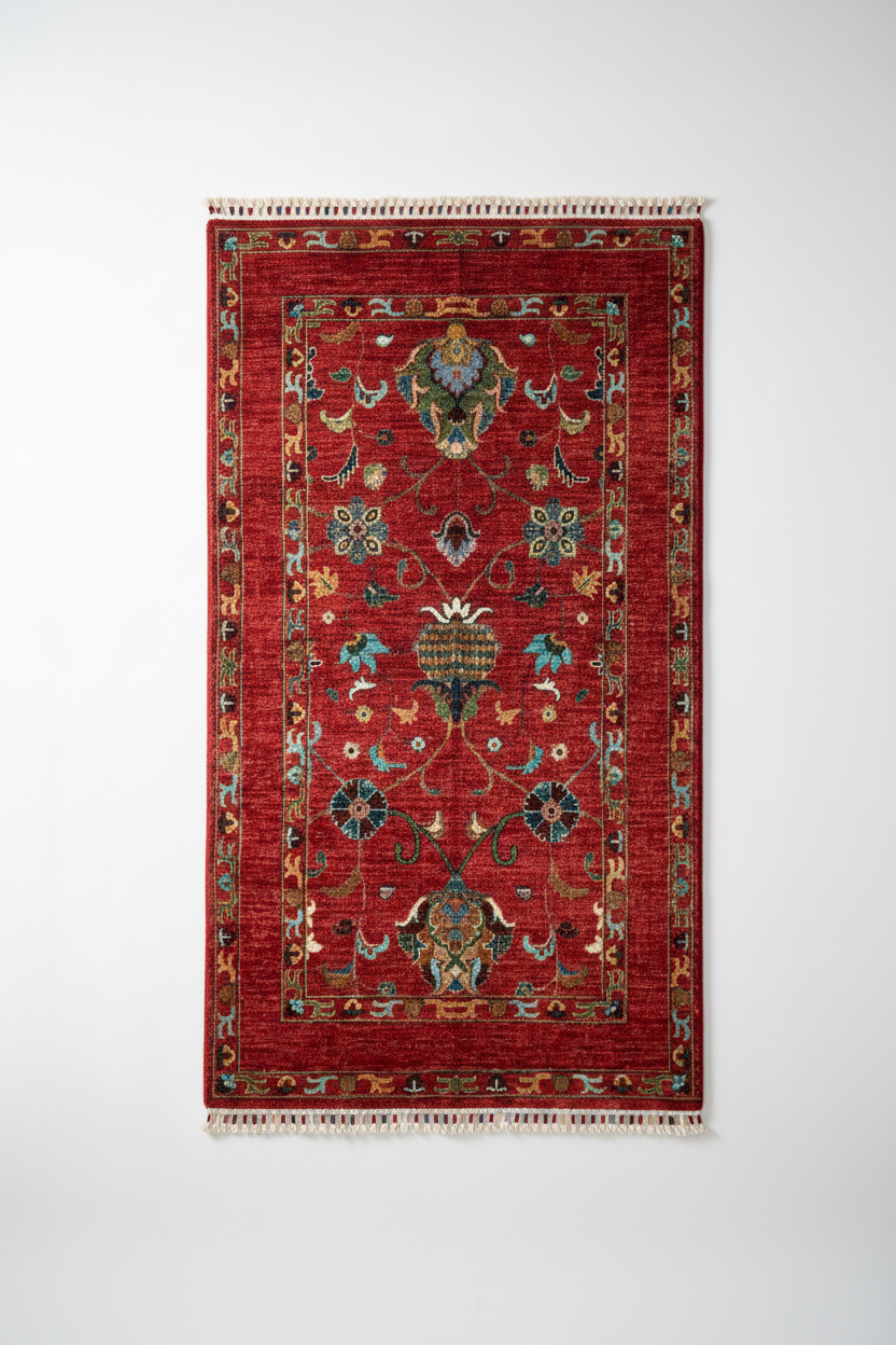 Red Floral Handmade Rug on white wall