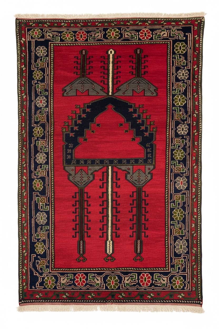 Red Geometric Antique Handmade Rug - White Background