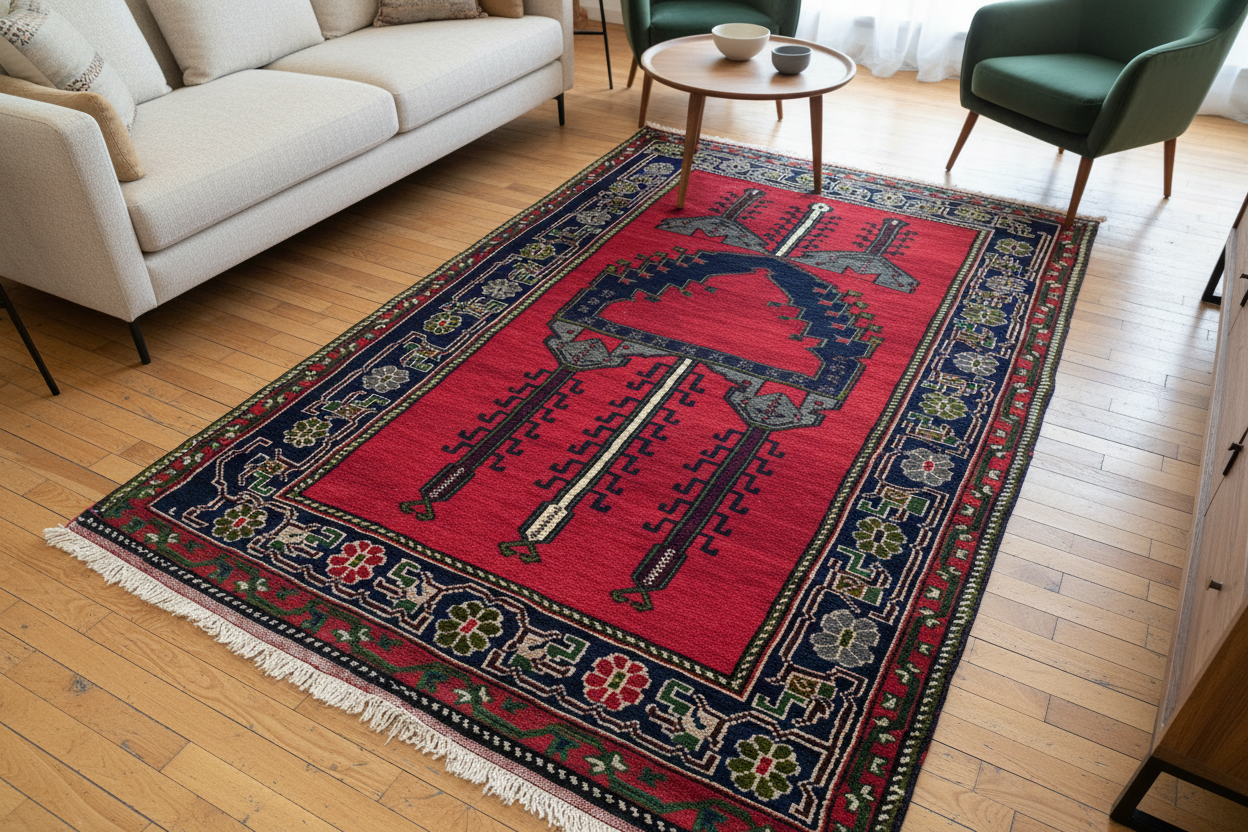 Red Geometric Rug in Living Room - Closer View
