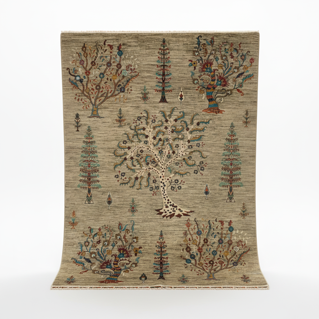 Rustic Tree of Life Carpet - asılı orijinal korunmuş beyaz arka plan