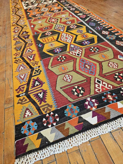 Dated 1977 Vintage Natural Dye Wool, Flat-Woven Kilim Runner 3'3" X 15'4" Cappadocia Rug Collection