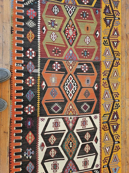Dated 1977 Vintage Natural Dye Wool, Flat-Woven Kilim Runner 3'3" X 15'4" Cappadocia Rug Collection