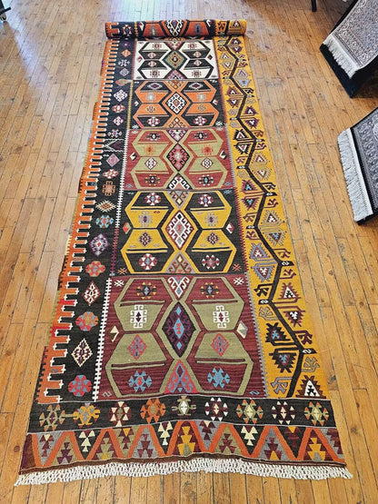 Dated 1977 Vintage Natural Dye Wool, Flat-Woven Kilim Runner 3'3" X 15'4" Cappadocia Rug Collection