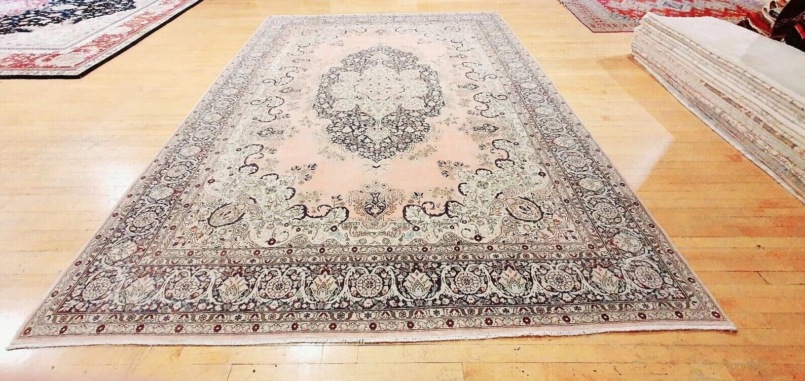 Antique 1940-1950's Distressed Wool Pile Old Pink Color Oushak Area Rug 9x12ft