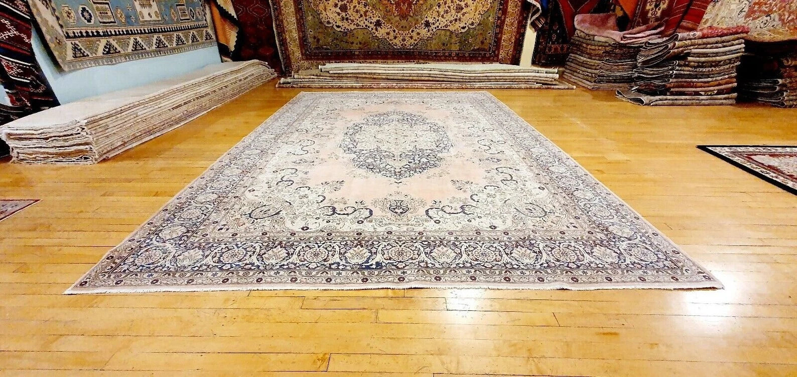 Antique 1940-1950's Distressed Wool Pile Old Pink Color Oushak Area Rug 9x12ft