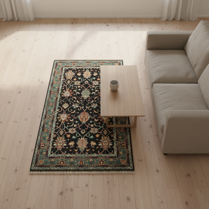 Siyah ve Yeşil Çiçek Desenli El Yapımı Halı 4x6 ft - Minimalist Kuşbakışı Görünüm