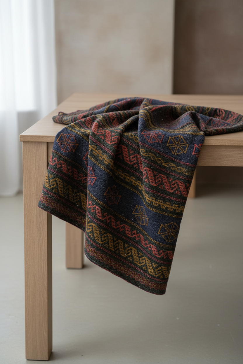 Square Antique Kilim Rug - Draped on Table